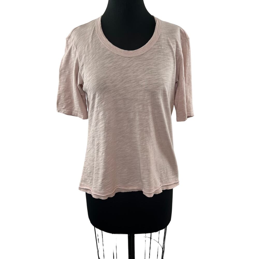 WILT Cotton Short Sleeve T-Shirt Nude Pink Raw Hem Ribbed Trim Pullover Size XS